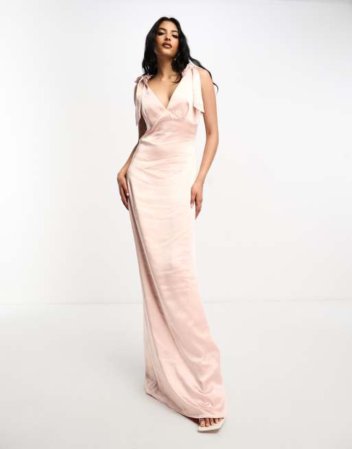 Pretty Lavish Bridesmaid Piper tie shoulder satin maxi dress in blush ASOS