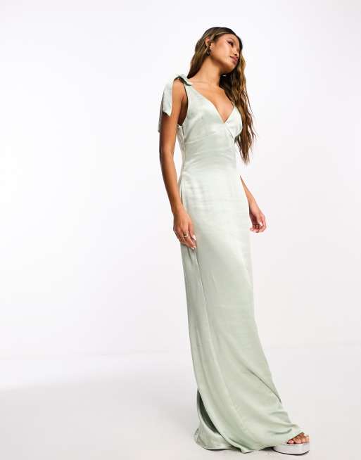 Pretty Lavish Bridesmaid Piper tie shoulder satin maxi dress in sage green