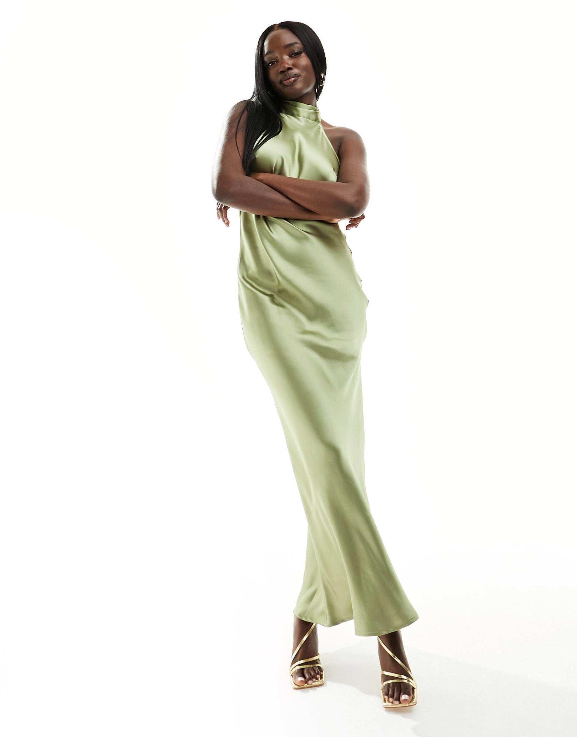 pretty lavish bridesmaid raleigh backless satin maxi dress in olive