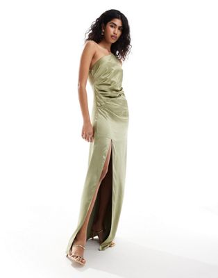 Bridesmaid ruched one shoulder satin maxi dress in olive-Green