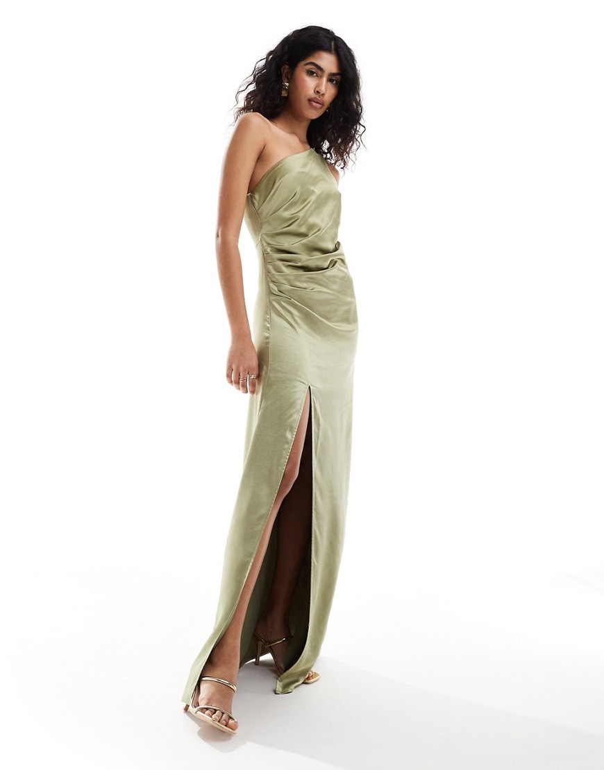 Pretty Lavish Bridesmaid ruched one shoulder satin maxi dress in olive-Green