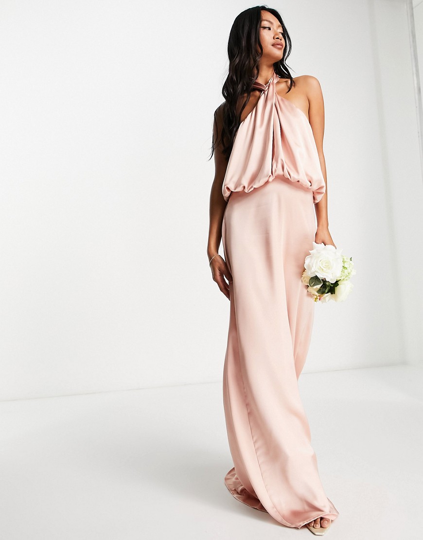 Pretty Lavish Bridesmaid Sammie halter-neck satin maxi dress in blush-Pink