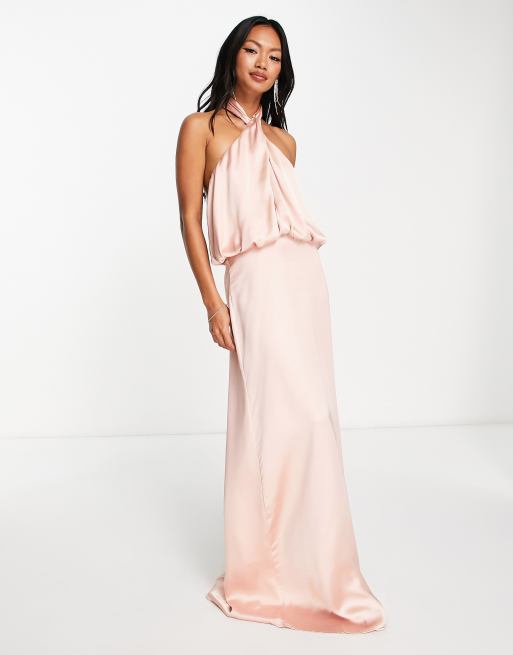 Blush pink halter neck best sale bridesmaid dress