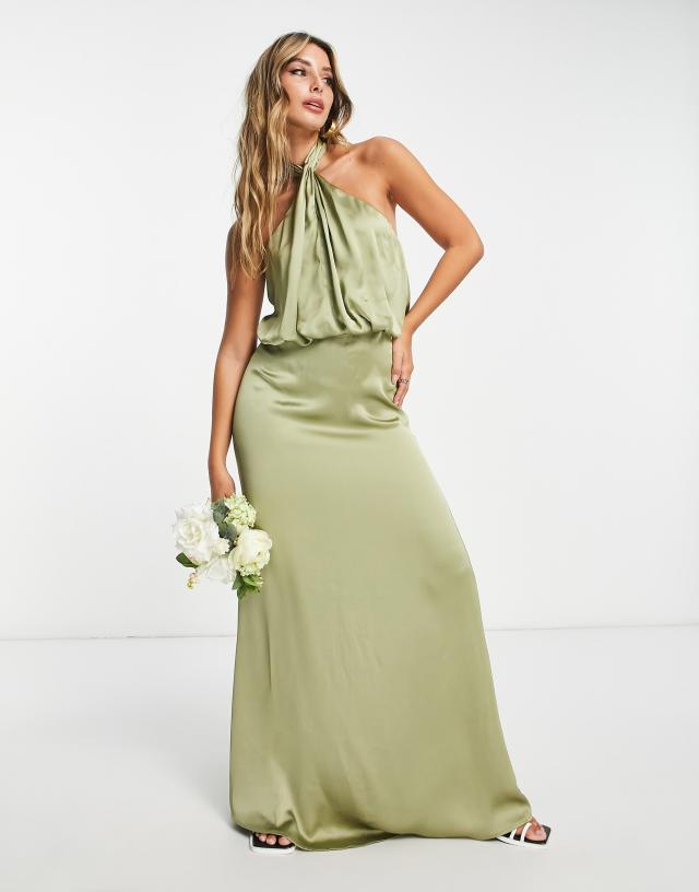 Pretty Lavish Bridesmaid Sammie halter neck satin maxi dress in soft olive