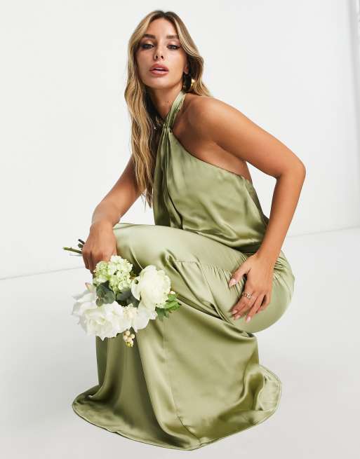 ASOS DESIGN Bridesmaid satin ruched halter neck maxi dress in olive