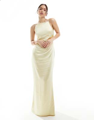 Bridesmaid satin boat neck maxi dress in lemon-Yellow