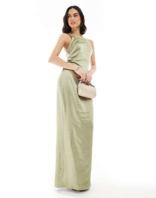 Bridesmaid satin boat neck maxi dress in olive-Green