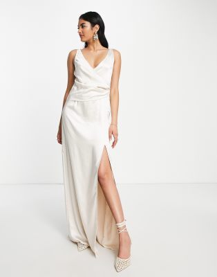 Pretty Lavish Bridesmaid Satin Wrap Maxi Dress In Champagne-neutral In Neutral