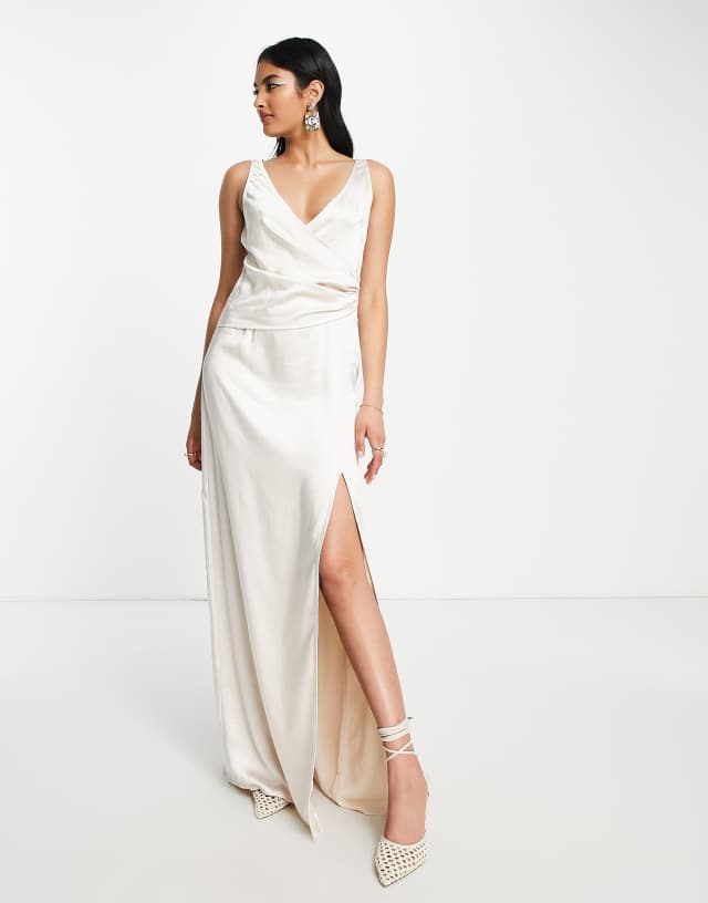 Pretty Lavish Bridesmaid satin wrap maxi dress in champagne