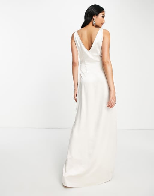 Pretty Lavish Bridesmaid satin wrap maxi dress in champagne