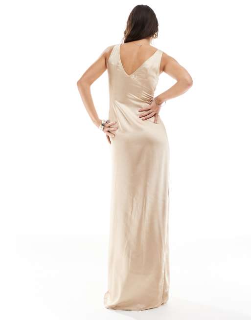 Pretty Lavish Bridesmaid satin wrap maxi dress in matte gold