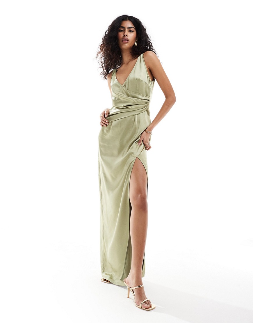 Bridesmaid satin wrap maxi dress in olive-Green