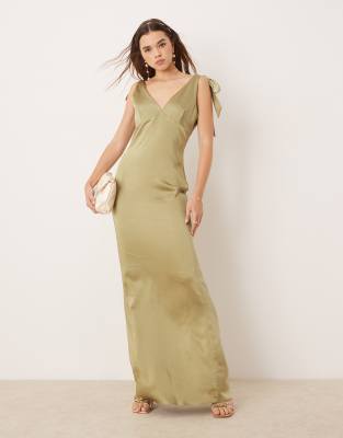 Bridesmaid tie shoulder satin maxi dress in olive-Green