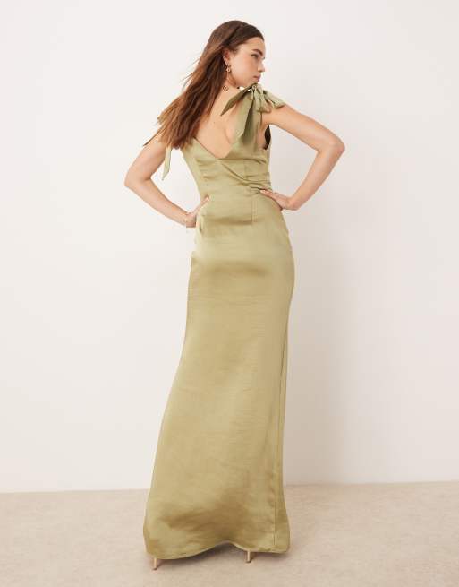 Pretty Lavish Bridesmaid tie shoulder satin maxi dress in olive