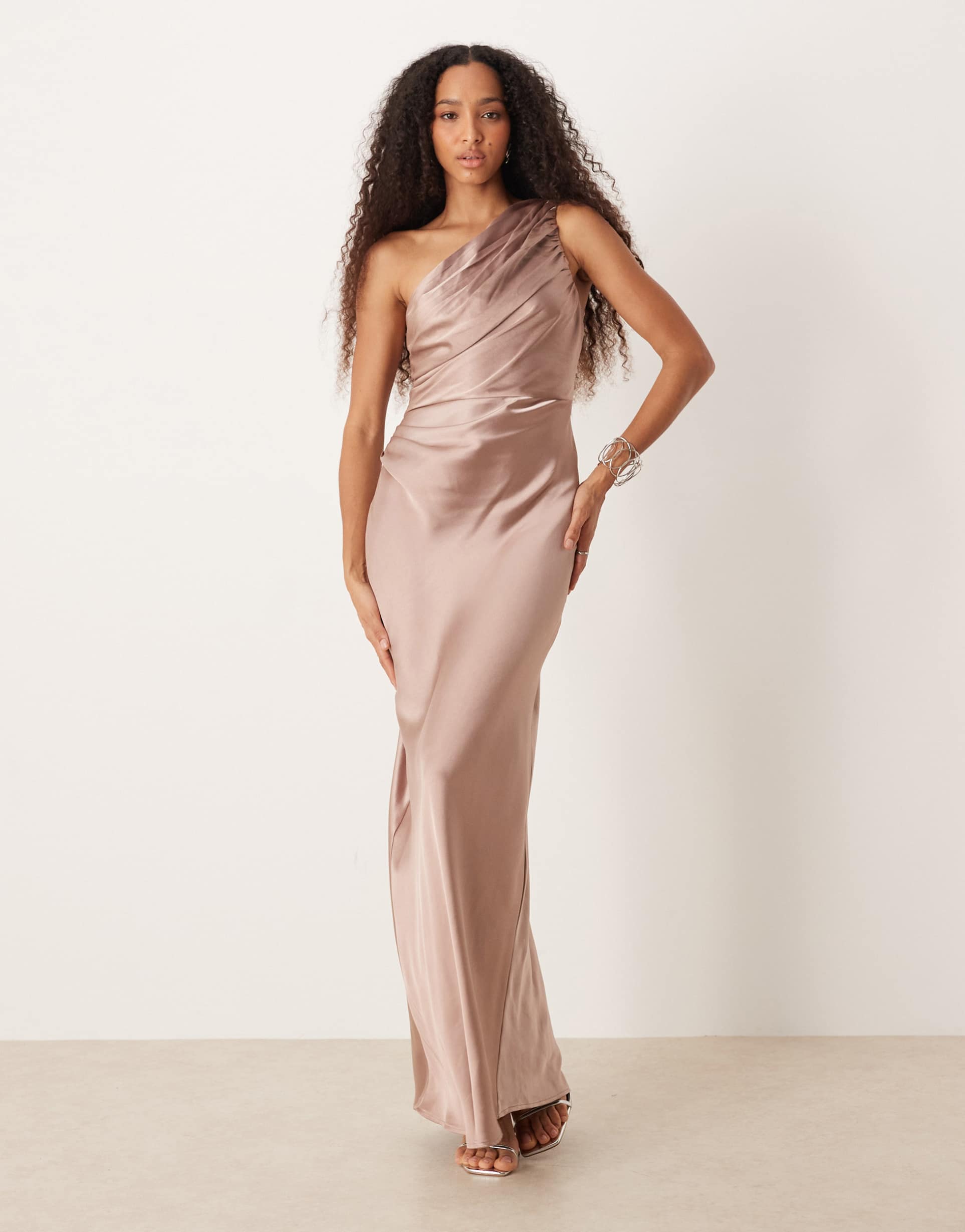 pretty lavish bridesmaids juliet satin gathered one shoulder maxi dress in dusty pink