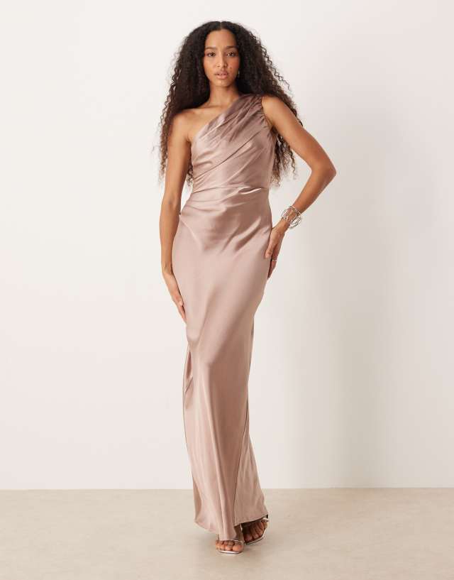 gathered bridesmaid dresses Pretty Lavish Bridesmaids Juliet satin one shoulder maxi dress in dusty pink Featuring elegant ruffle sleeves 15 dresses Rent Needle & Thread Color:Lilac Floral