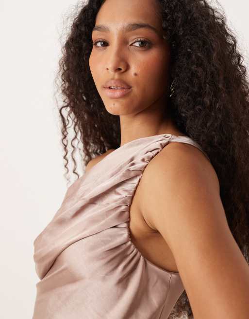 Pretty Lavish Bridesmaids Juliet satin gathered one shoulder maxi dress in  dusty pink | ASOS