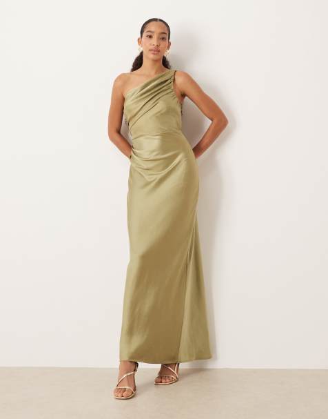 Pretty Lavish Bridesmaids Juliet satin gathered one shoulder maxi dress in olive green - view 1