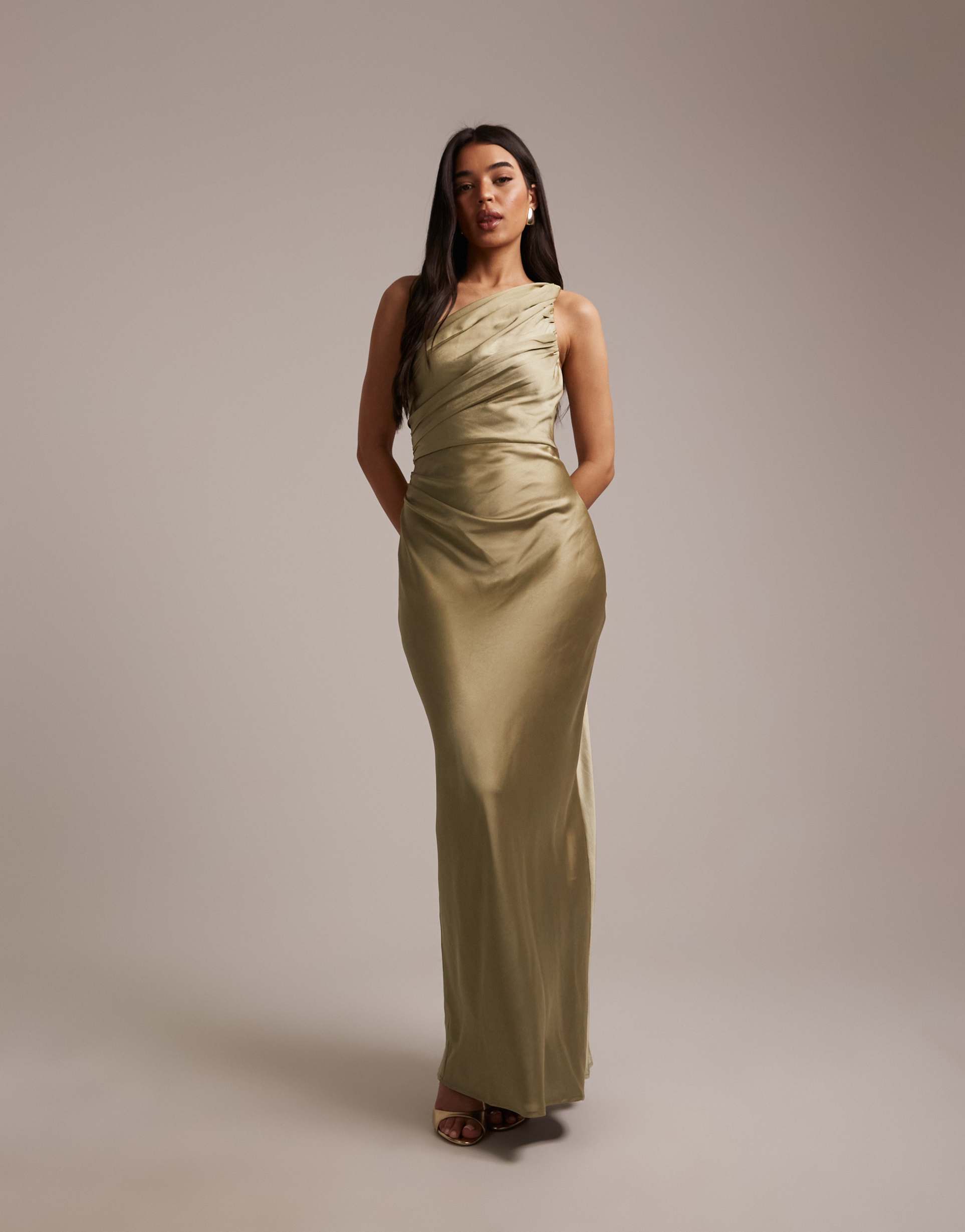 pretty lavish bridesmaids juliet satin gathered one shoulder maxi dress in olive green
