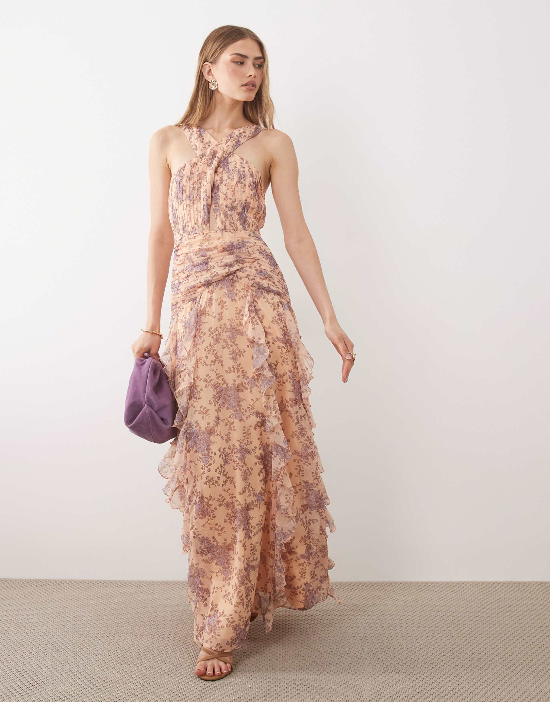 pretty lavish brielle cross over ruched ruffle maxi dress in lilac floral