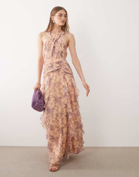 Pretty Lavish - Brielle - Vestito lungo lilla e arancione a fiori con incrocio arricciato e volant - view 1