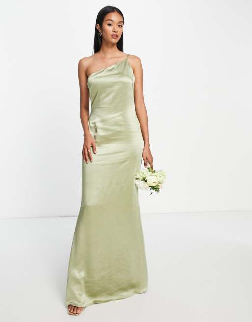 Pretty Lavish - Brudepiger - Olivengrøn oneshoulder-maxikjole i satin, 4 af 4