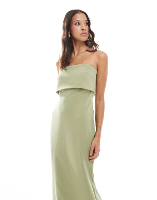 Pretty Lavish – Brudtärnor – Olivgrön maxiklänning med bandeau-ringning i crepe, 4 av 4