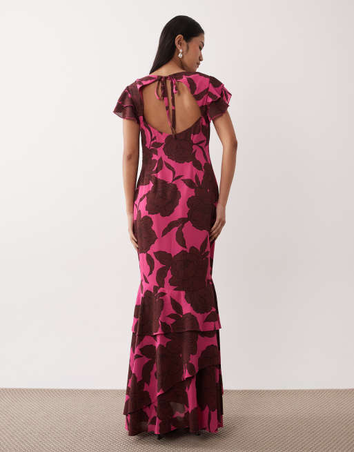 Pretty Lavish – Brun, blommig maxiklänning med volangärmar i chiffong, 2 av 4
