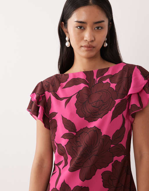Pretty Lavish – Brun, blommig maxiklänning med volangärmar i chiffong, 3 av 4
