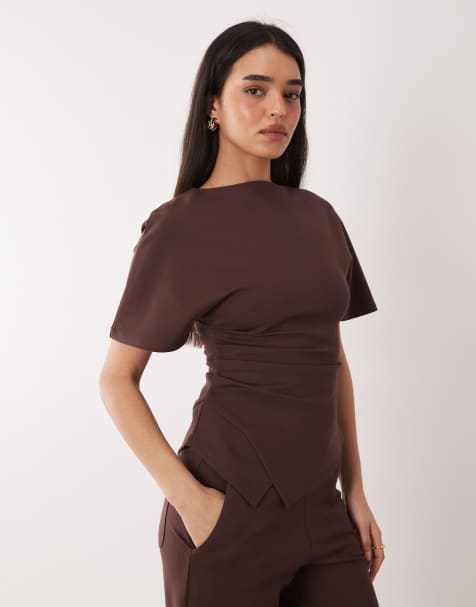Pretty Lavish – Brun, strukturerad topp i jersey med veck, del av set - view 1