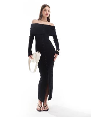 button bardot knit maxi dress in black