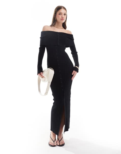 Pretty Lavish button bardot knit maxi dress in black - view 1