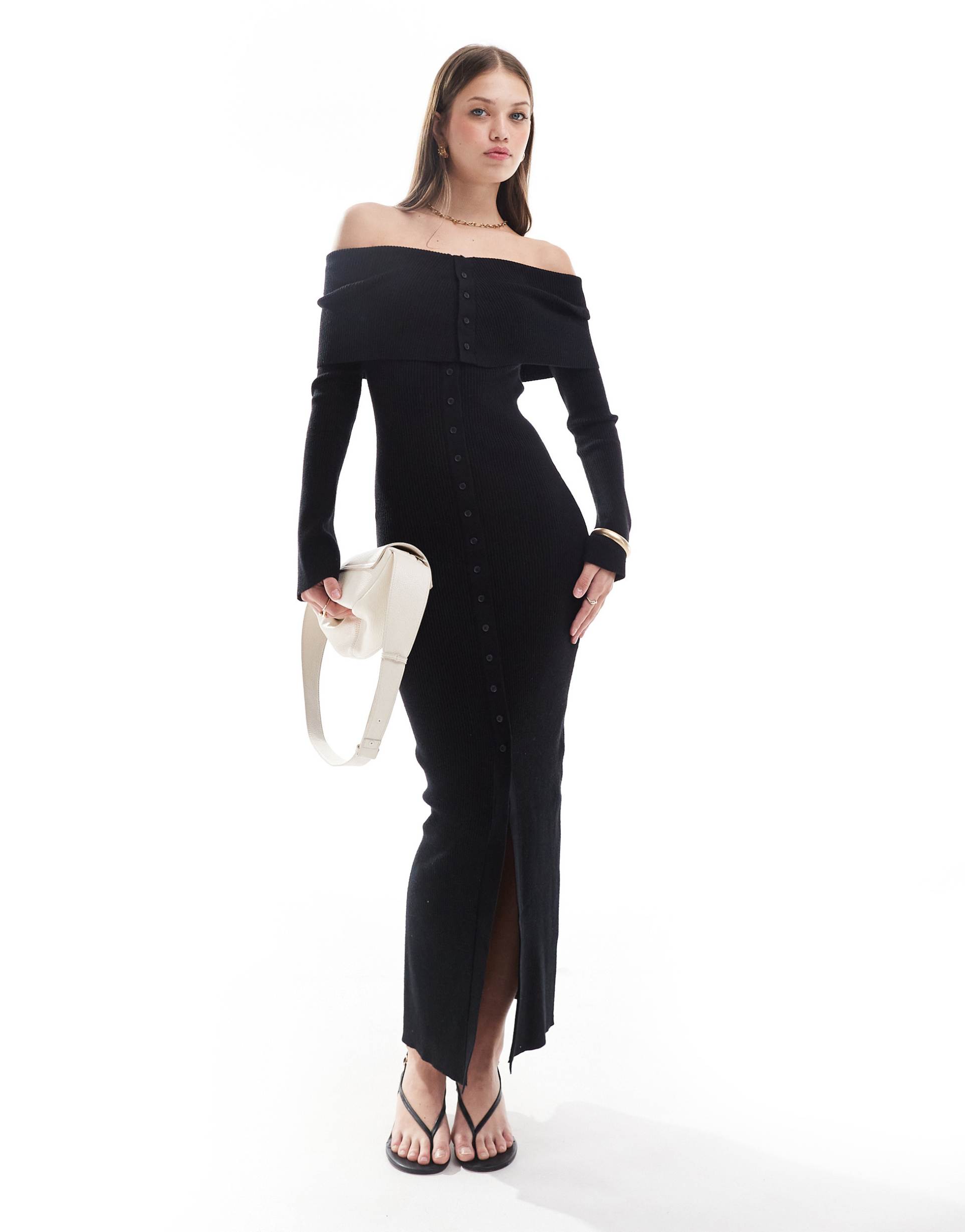 pretty lavish button bardot knit maxi dress in black