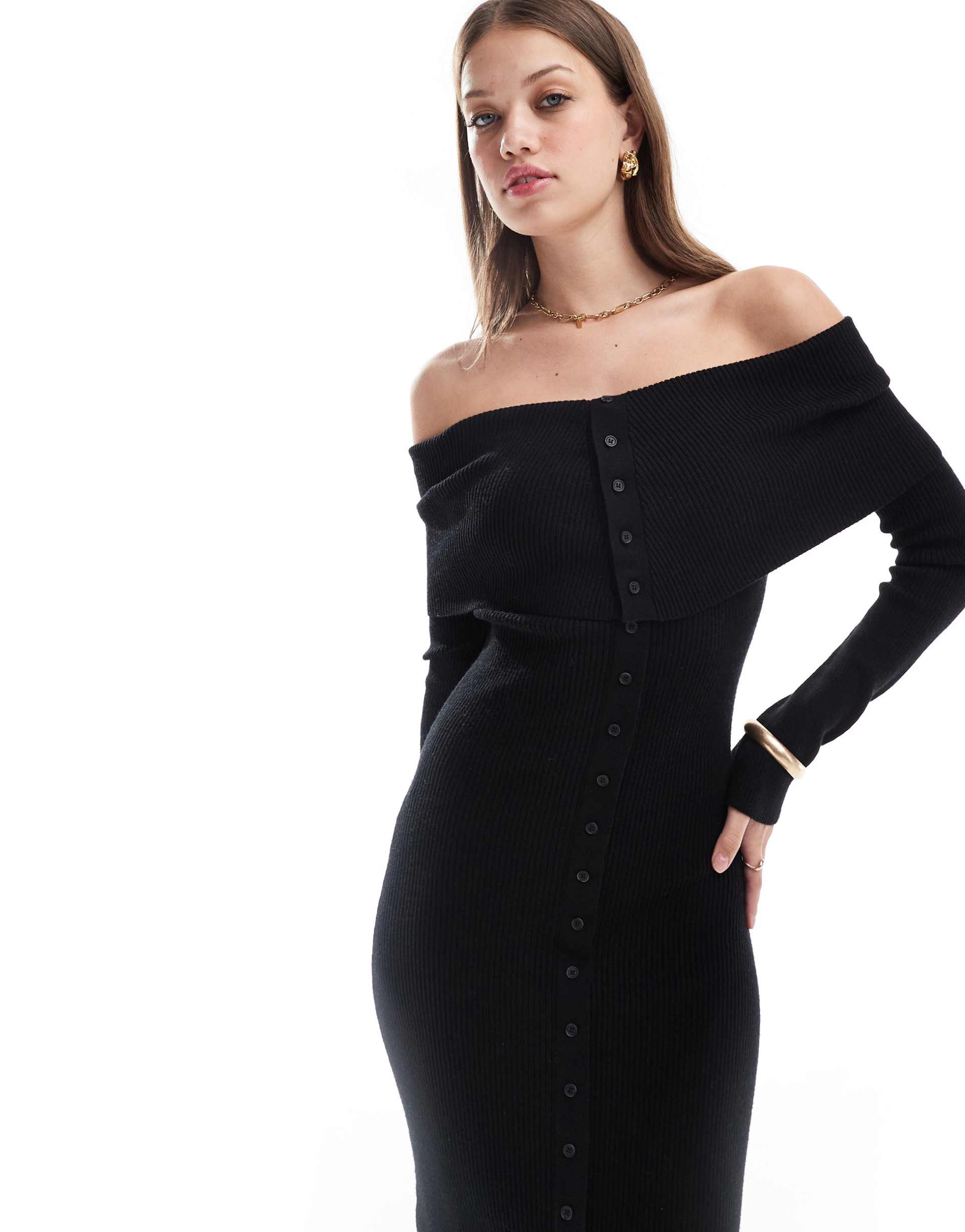 pretty lavish button bardot knit maxi dress in black
