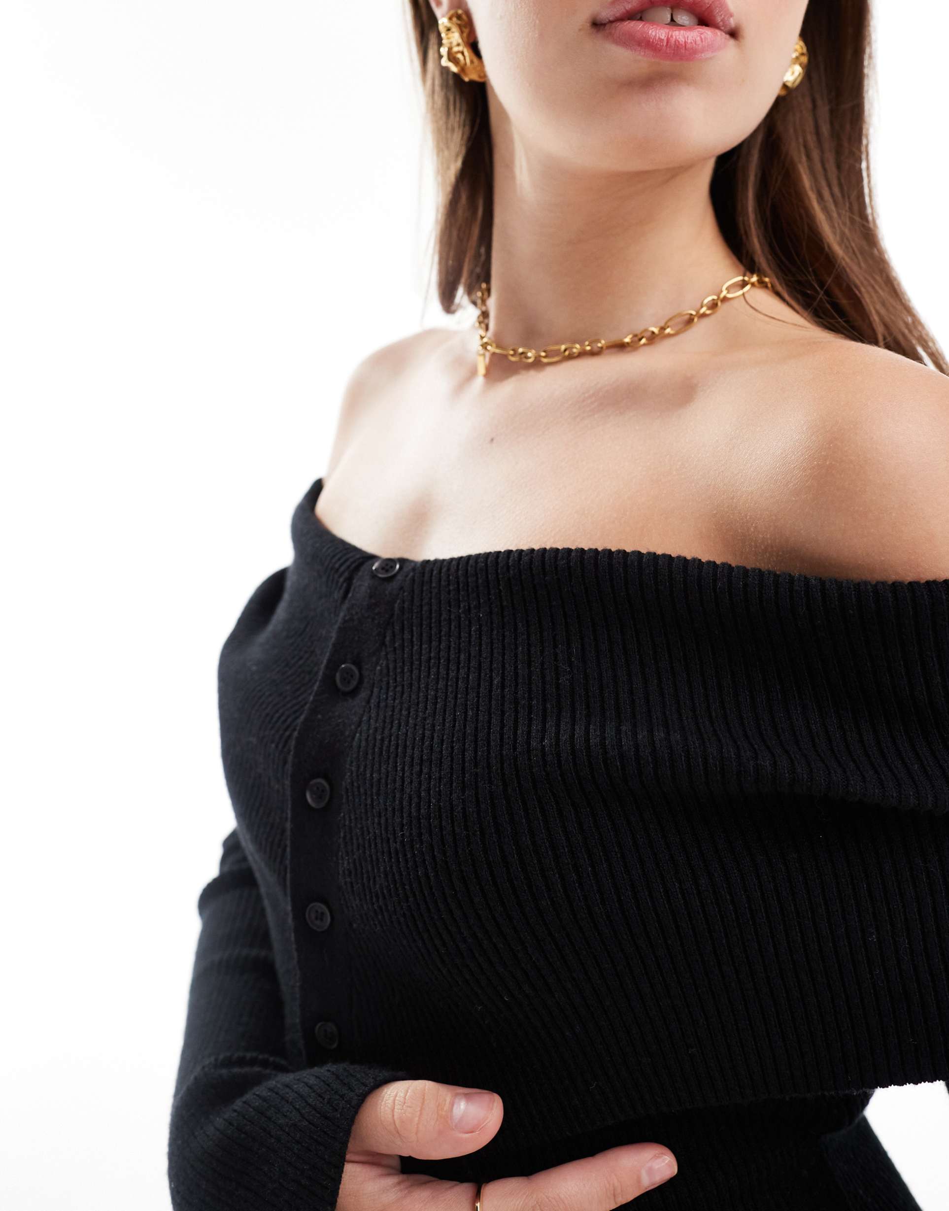 pretty lavish button bardot knit maxi dress in black