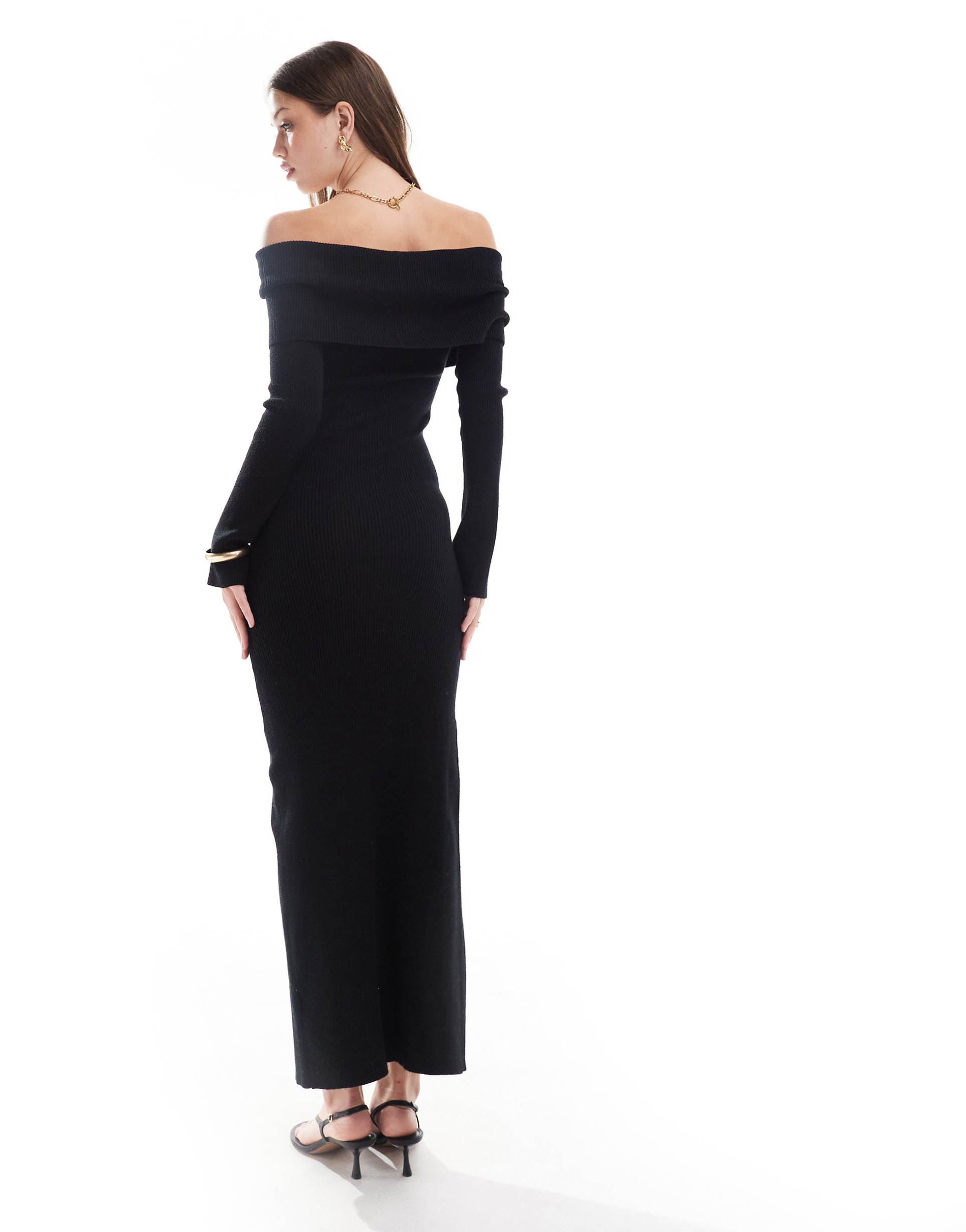 pretty lavish button bardot knit maxi dress in black