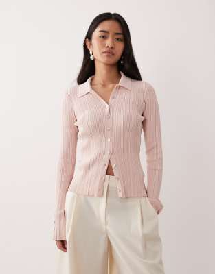 Pretty Lavish Button Down Long Sleeve Ribbed Top In Pink