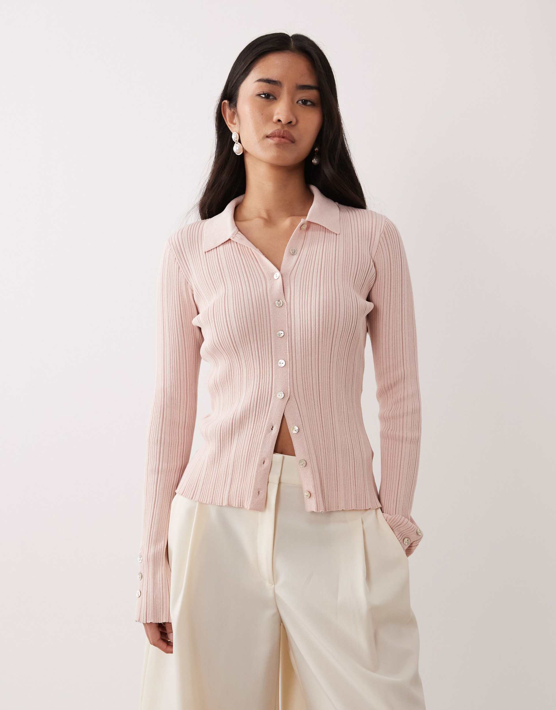 pretty lavish button down long sleeve ribbed top in blush