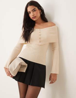 button front off the shoulder knit top in oatmeal-Neutral