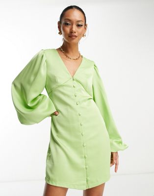 Pretty Lavish button front satin mini dress in apple green - ASOS Price Checker