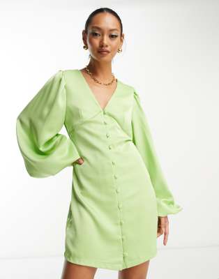 Pretty Lavish Button Front Satin Mini Dress In Olive-green | ModeSens