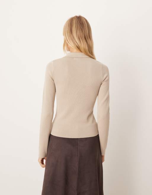 Pretty Lavish button knit polo top in beige, 2 of 4