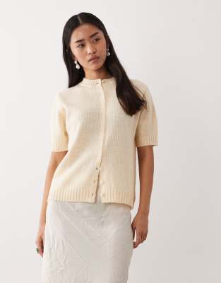 Pretty Lavish Button Up Knit Short Sleeve Cardigan In Neutral