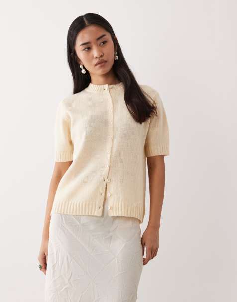 Pretty Lavish button up knit short sleeve cardigan in butter lemon - view 1
