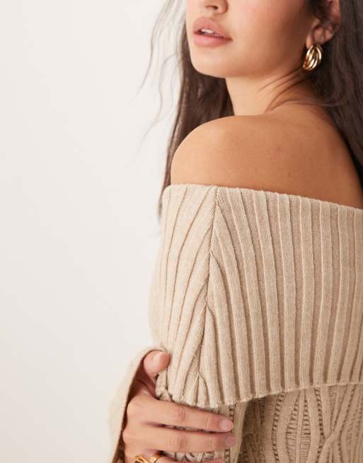 Pretty Lavish cable bardot knit mini dress in taupe, 2 of 4