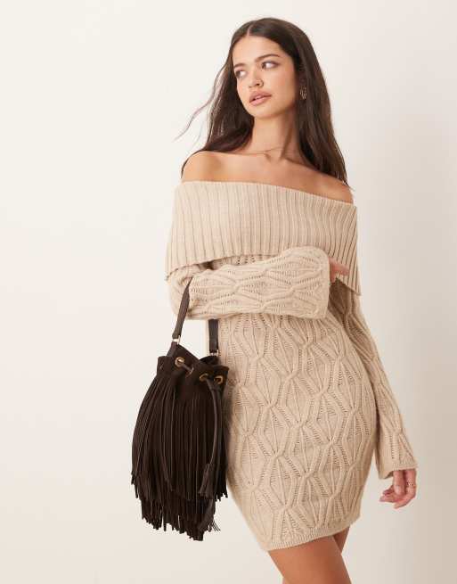 Pretty Lavish cable bardot knit mini dress in taupe, 3 of 4