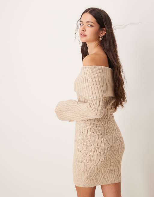 Pretty Lavish cable bardot knit mini dress in taupe, 4 of 4