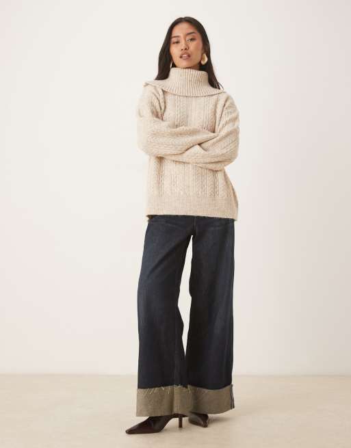 Pretty Lavish cable knit exaggerated roll neck jumper in beige, 2 of 4