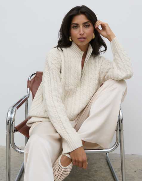 Pretty Lavish cable knit half zip jumper in cream - view 1