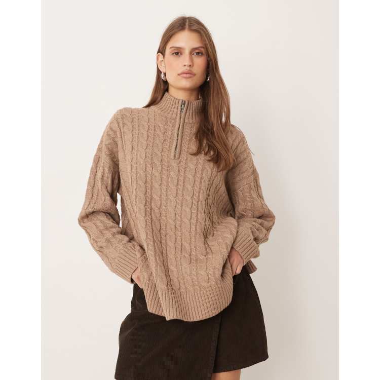 Pretty Lavish cable knit half zip neck sweater in neutral | ASOS